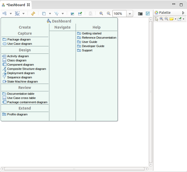 UML Designer, dashboard